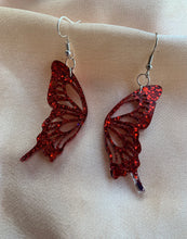 Load image into Gallery viewer, Red glitter butterfly wing earrings
