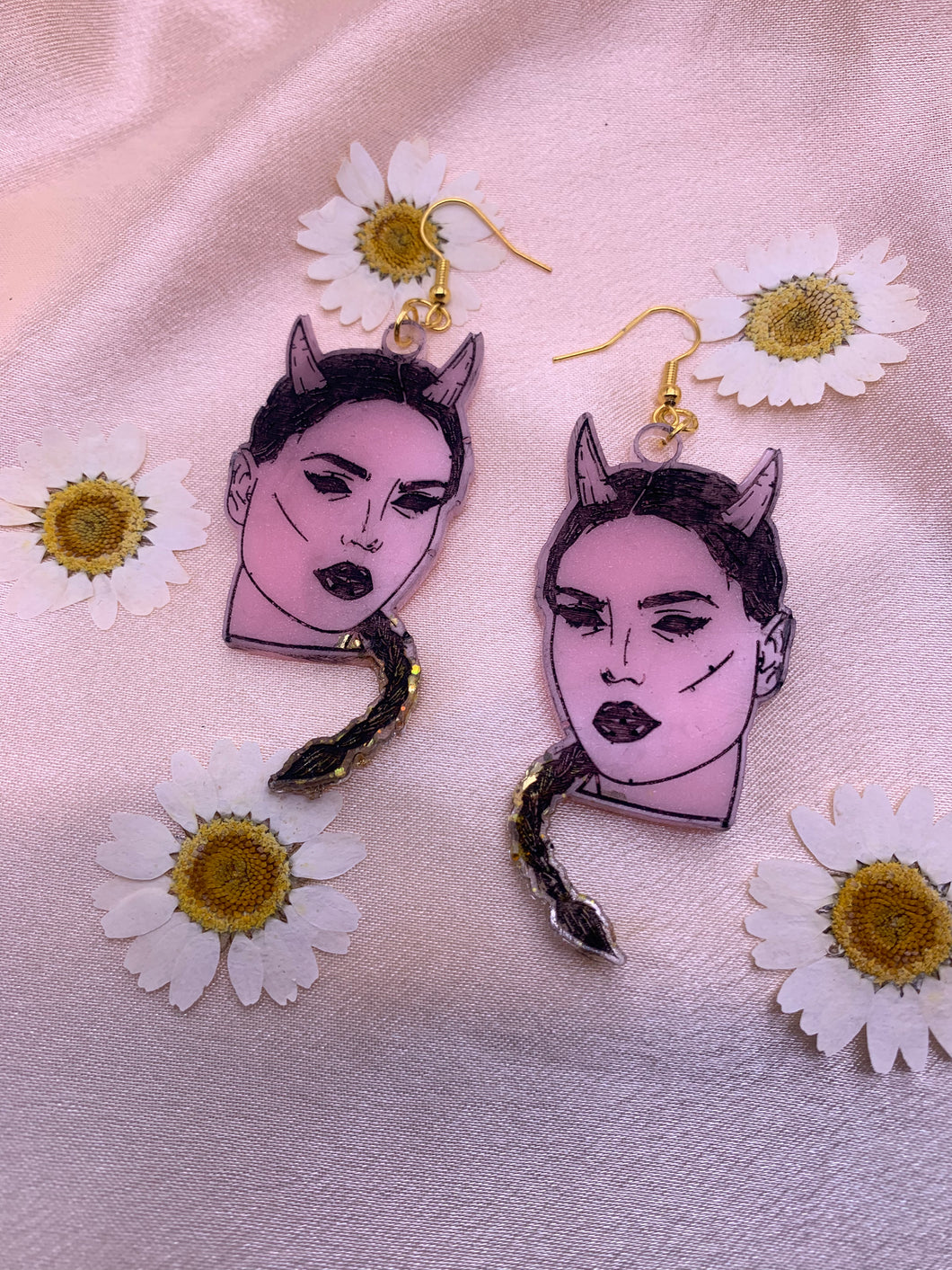 Pink and gold devil girl earrings