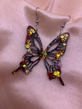 Load image into Gallery viewer, Black with red/yellow glow butterfly wing earrings
