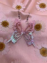 Load image into Gallery viewer, Pink to white glitter butterfly wing earrings
