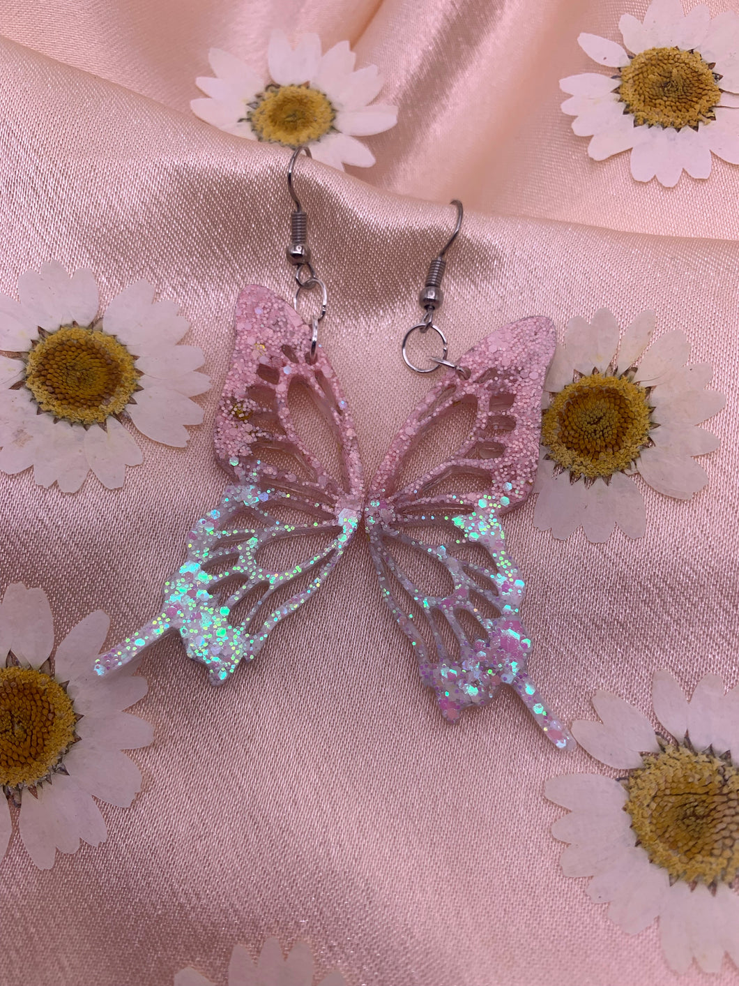 Pink to white glitter butterfly wing earrings