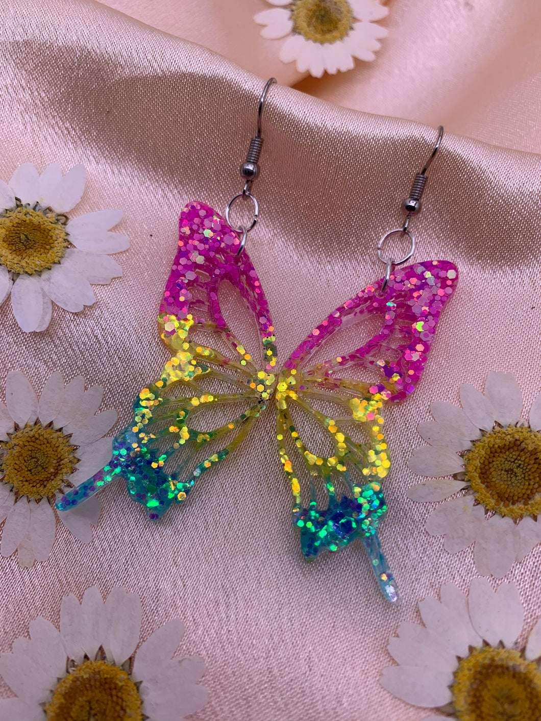 Pink,yellow,blue glitter butterfly wing earrings