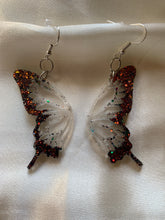 Load image into Gallery viewer, Black/orange iridescent butterfly wing earrings
