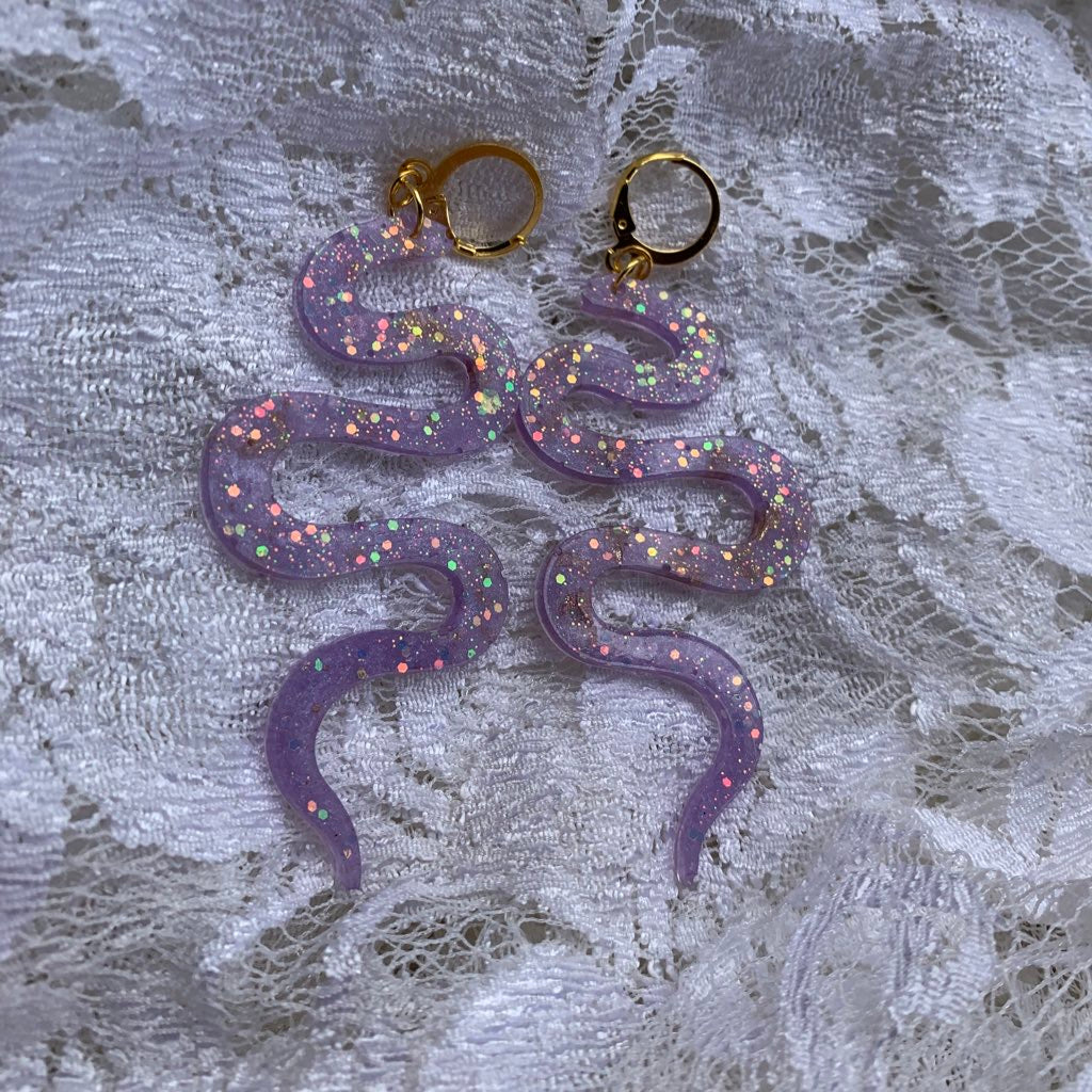 Purple glitter snake earrings