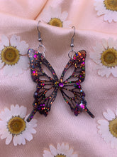 Load image into Gallery viewer, Black iridescent glow butterfly wing earrings
