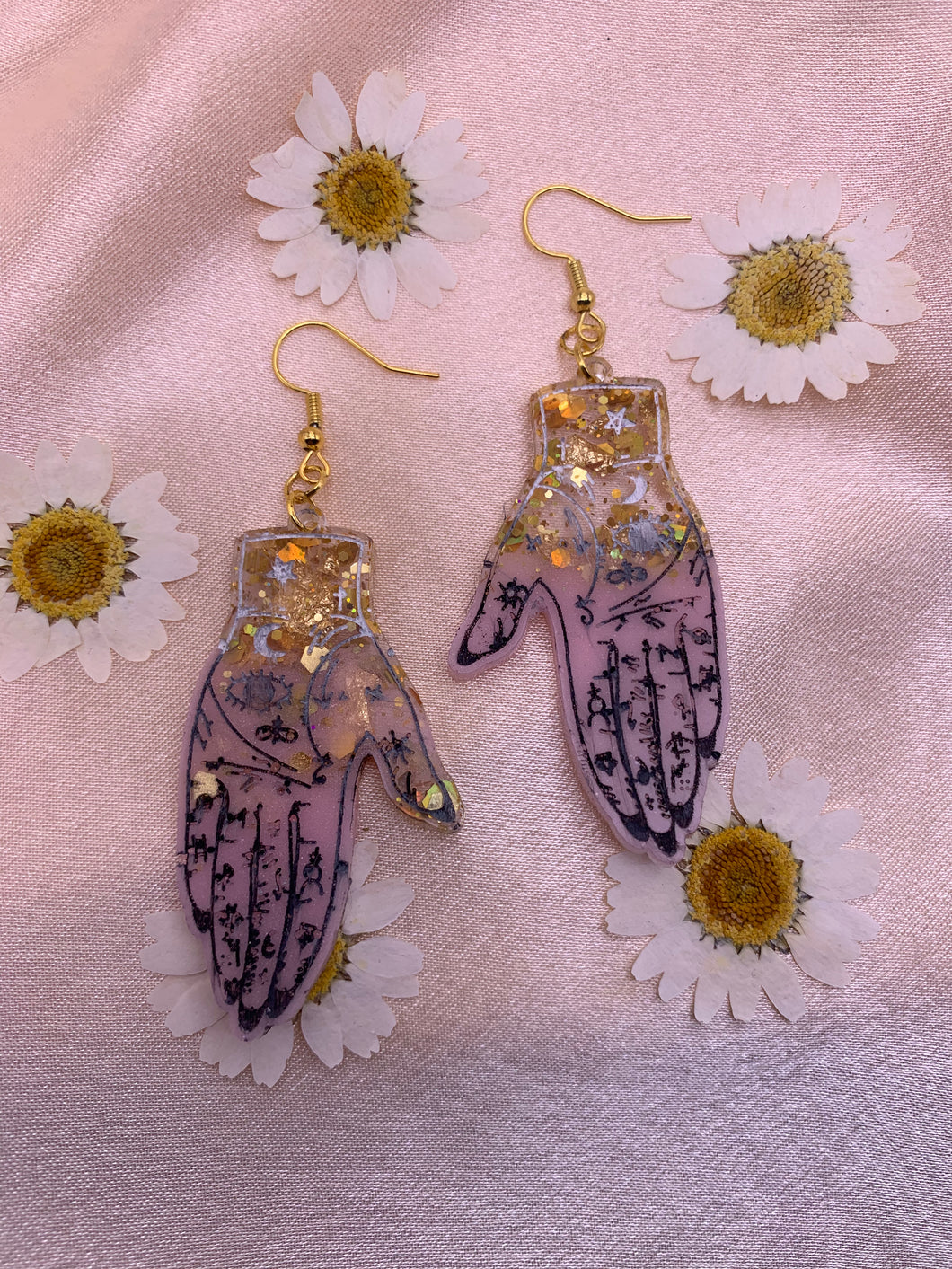 Gold and pink palmistry earrings