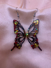 Load image into Gallery viewer, Black with red/yellow glow butterfly wing earrings
