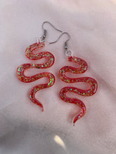 Load image into Gallery viewer, Red iridescent snake earrings
