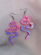 Load image into Gallery viewer, Pink and blue glitter snake earrings

