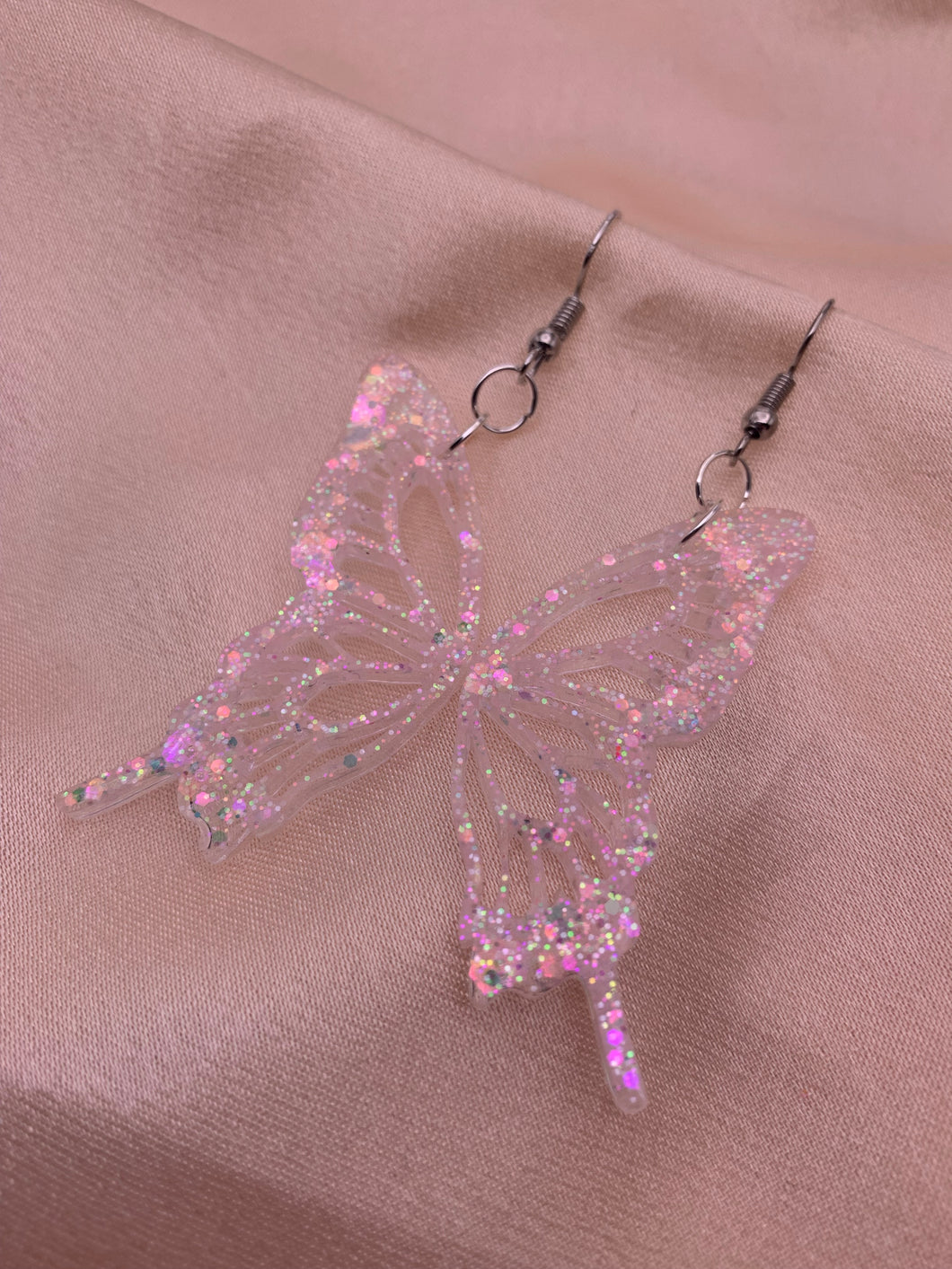 Pink iridescent butterfly wing earrings