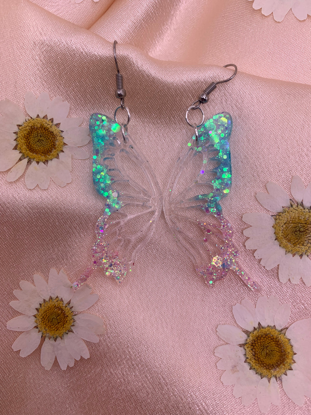 Blue to pink butterfly wing earrings