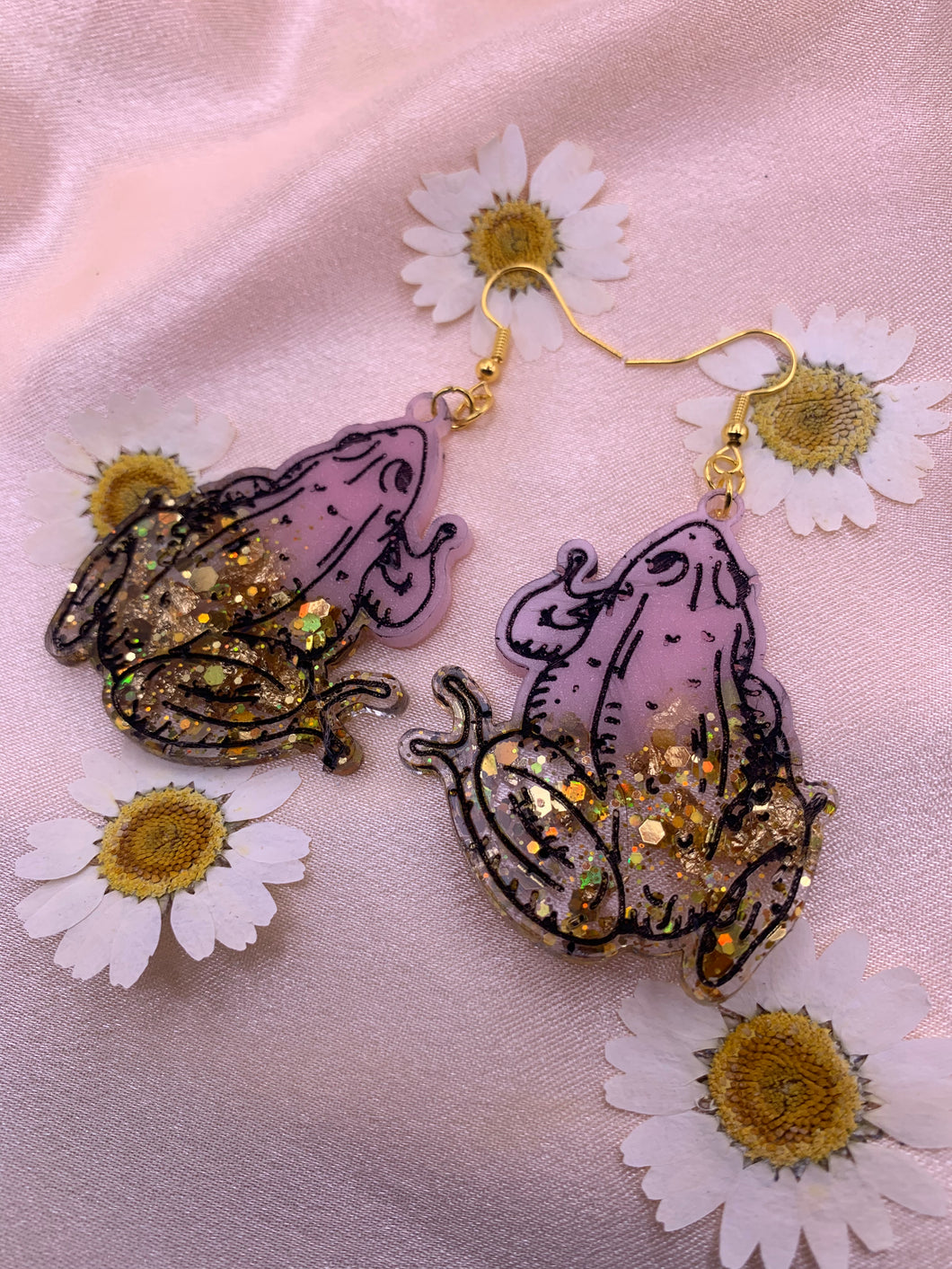 Pink and gold frog earrings