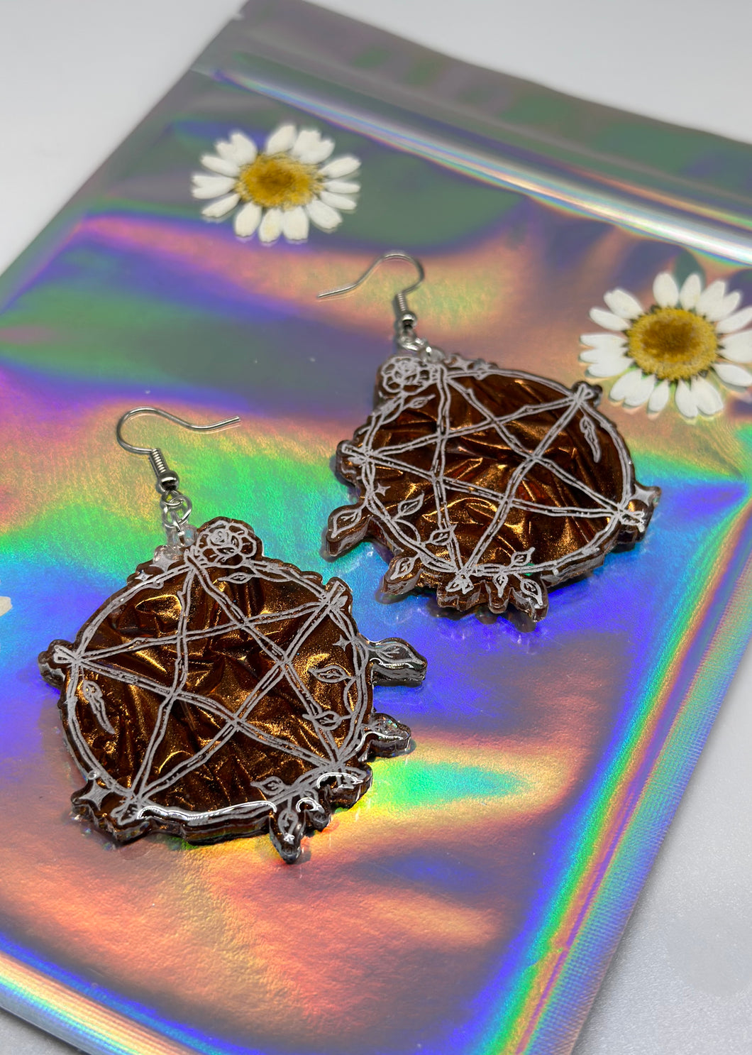 Copper velvet pentagram earrings