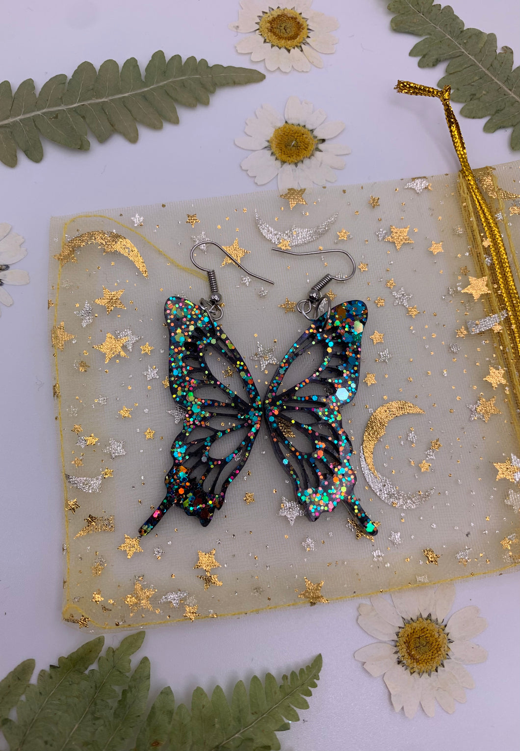 Black rainbow butterfly wing earrings