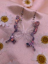 Load image into Gallery viewer, Blue/gray iridescent butterfly wing earrings
