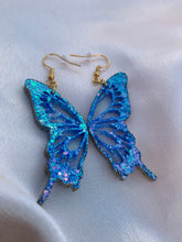 Load image into Gallery viewer, Blue butterfly wing earrings lined with gold
