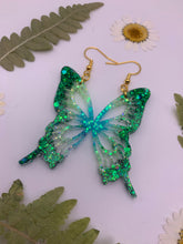 Load image into Gallery viewer, Green and blue glow in the dark butterfly wing earrings
