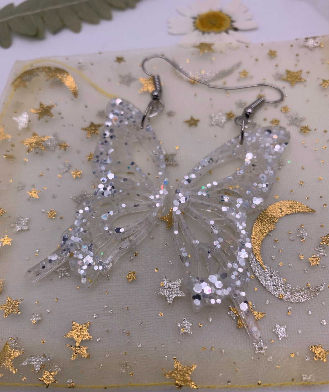 White glitter butterfly wing earrings