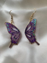 Load image into Gallery viewer, Purple lined in gold butterfly earrings
