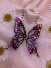 Load image into Gallery viewer, Black iridescent glow butterfly wing earrings
