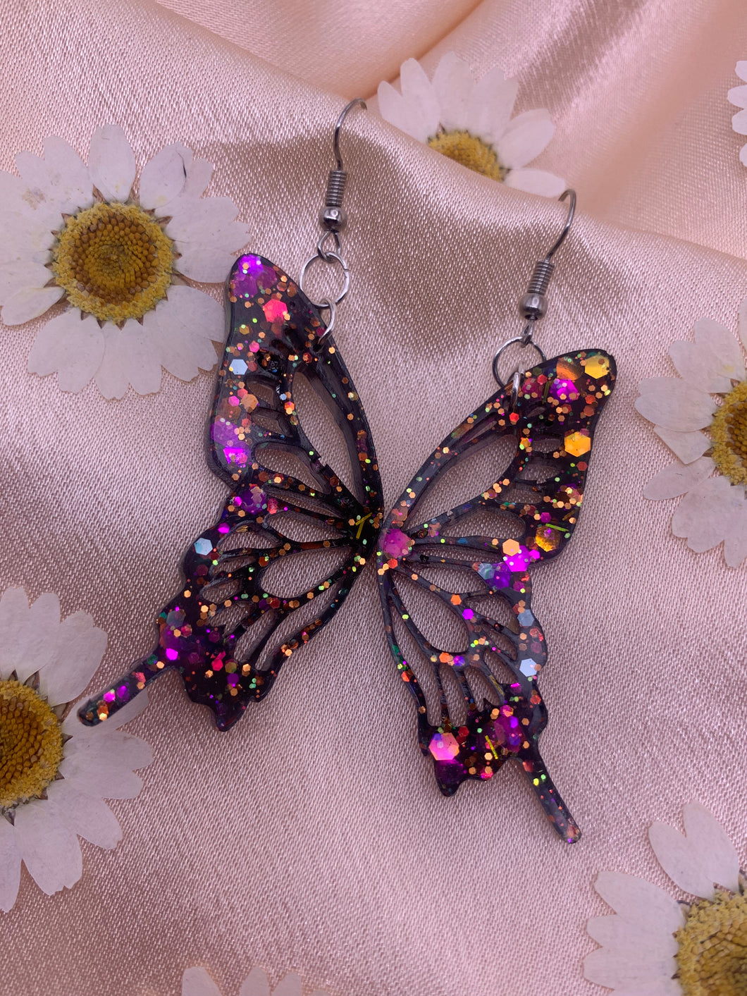 Black iridescent glow butterfly wing earrings