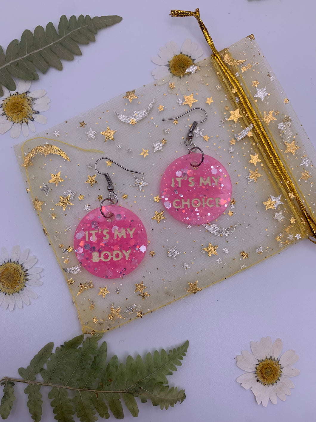 Pink glow in the dark “my body my choice” earrings