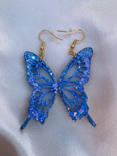 Load image into Gallery viewer, Blue butterfly wing earrings lined with gold
