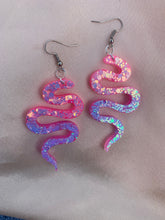 Load image into Gallery viewer, Pink and blue glitter snake earrings
