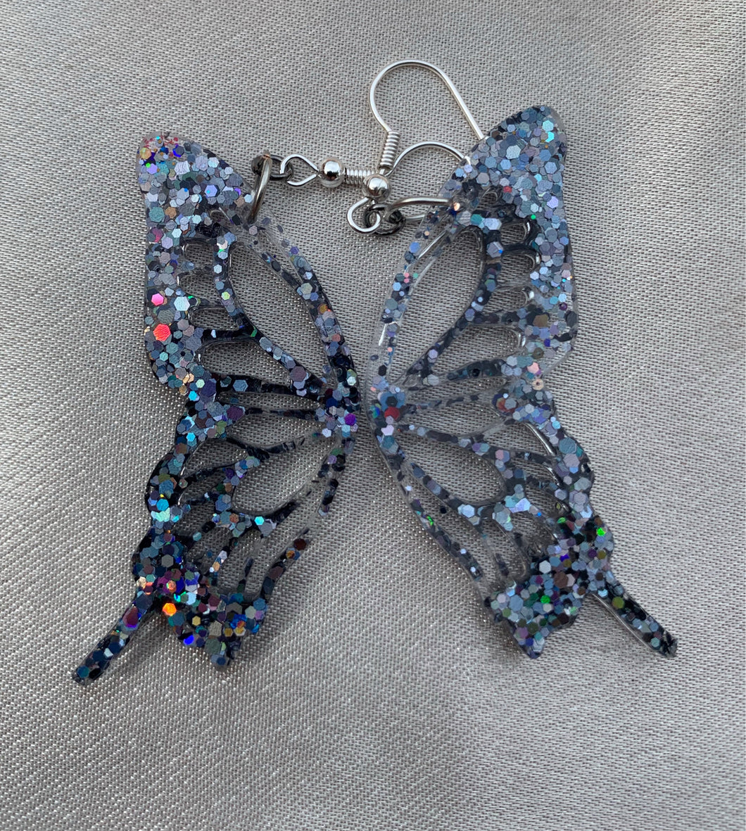 Gray holographic butterfly wing earrings