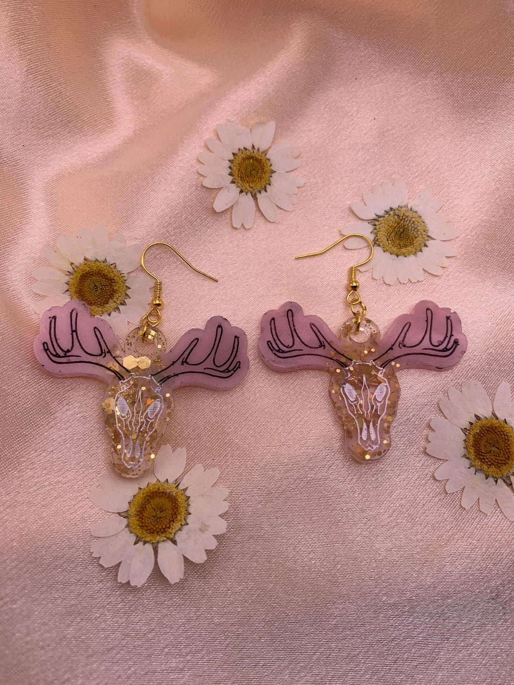 Pink and gold reindeer earrings