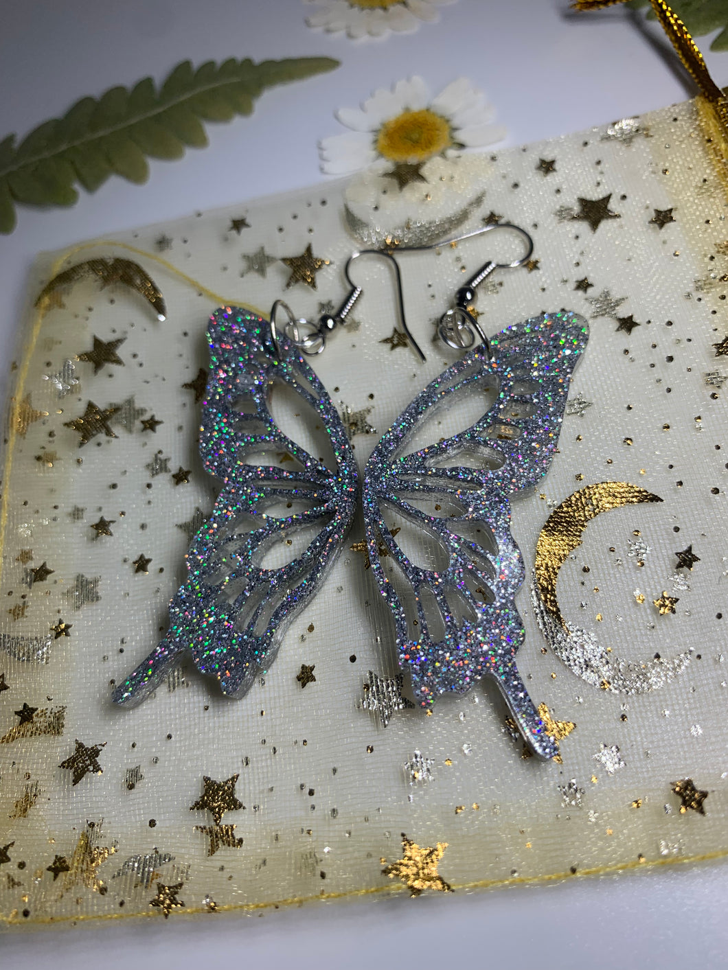 Sliver holographic butterfly wing earrings