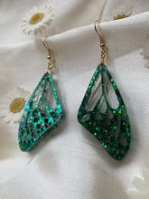 Load image into Gallery viewer, Dark glittery green wing earrings
