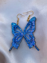 Load image into Gallery viewer, Blue butterfly wing earrings lined with gold
