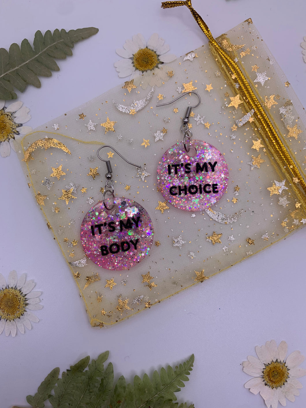 Pink glitter “it’s my body my choice” earrings