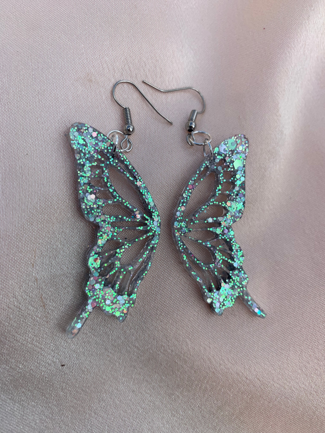 Sliver iridescent butterfly wing earrings