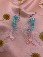 Load image into Gallery viewer, Blue to pink butterfly wing earrings
