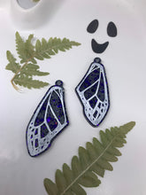 Load image into Gallery viewer, Purple and black wing earrings
