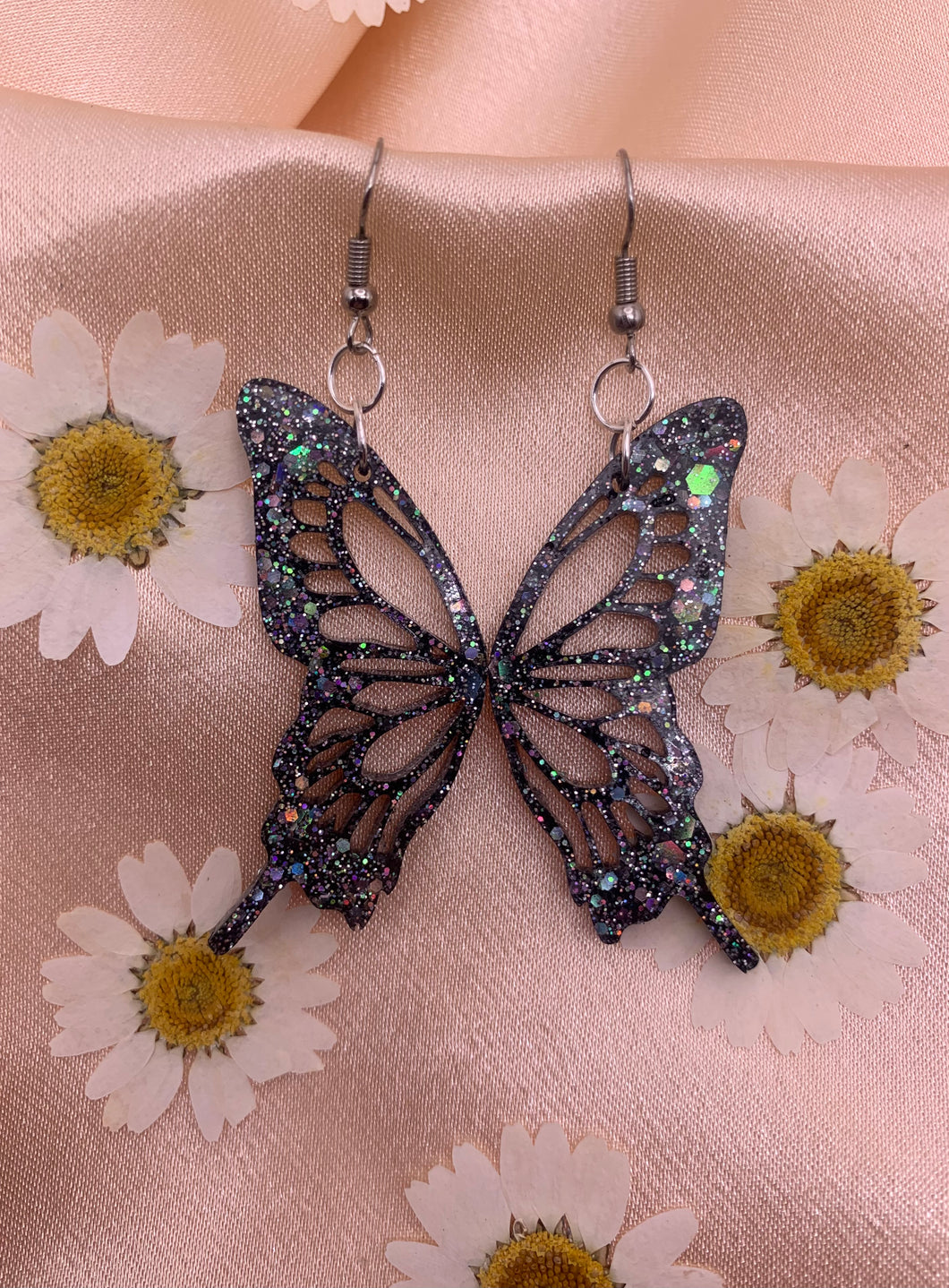 Black holo butterfly wing earrings