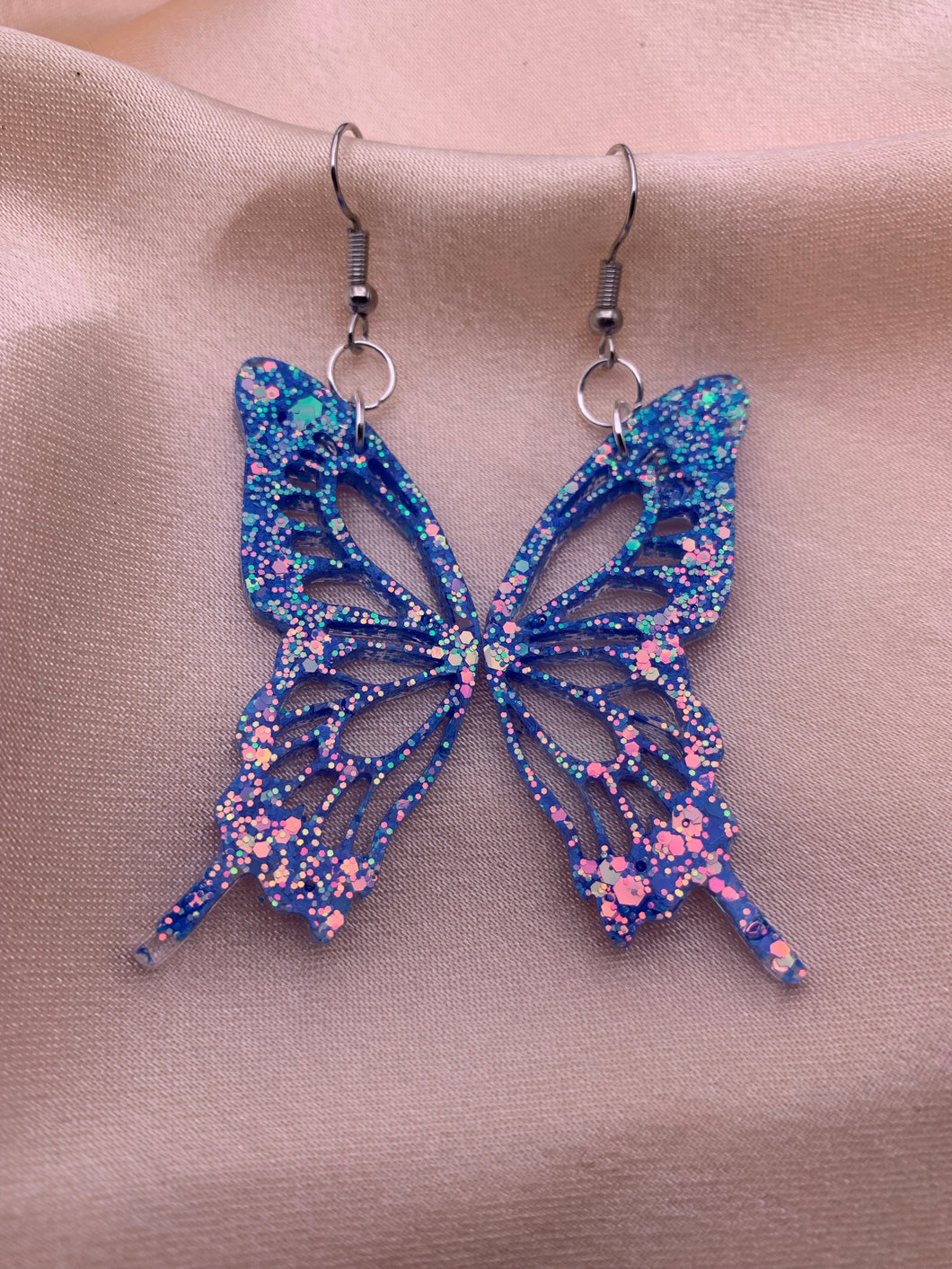 Blue iridescent butterfly wing earrings