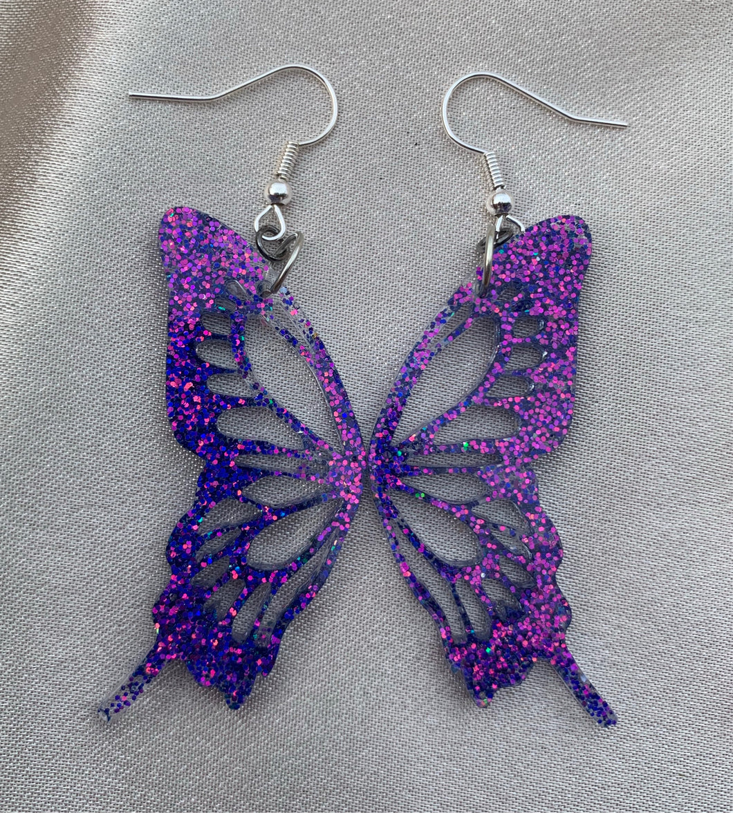 Fine Purple iridescent butterfly wing earrings