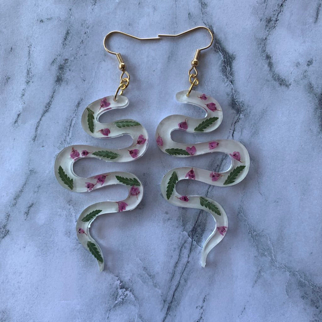 Pink flower snake earrings