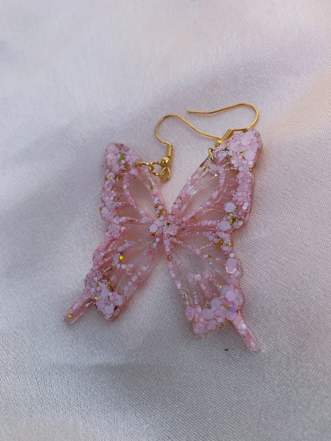 Baby pink and gold butterfly wing earrings (LINED)