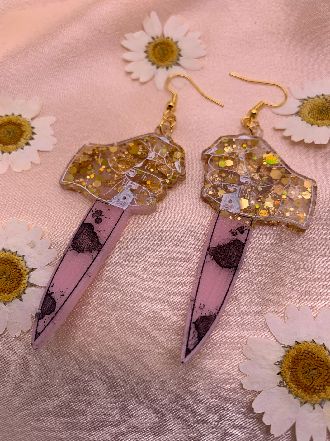 Pink and gold horror knife earrings