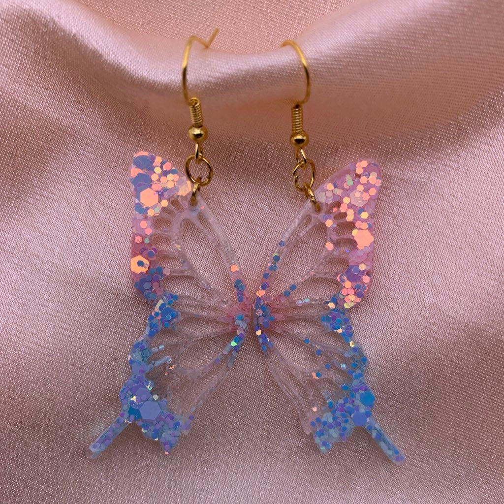 Pink to blue butterfly wing earrings